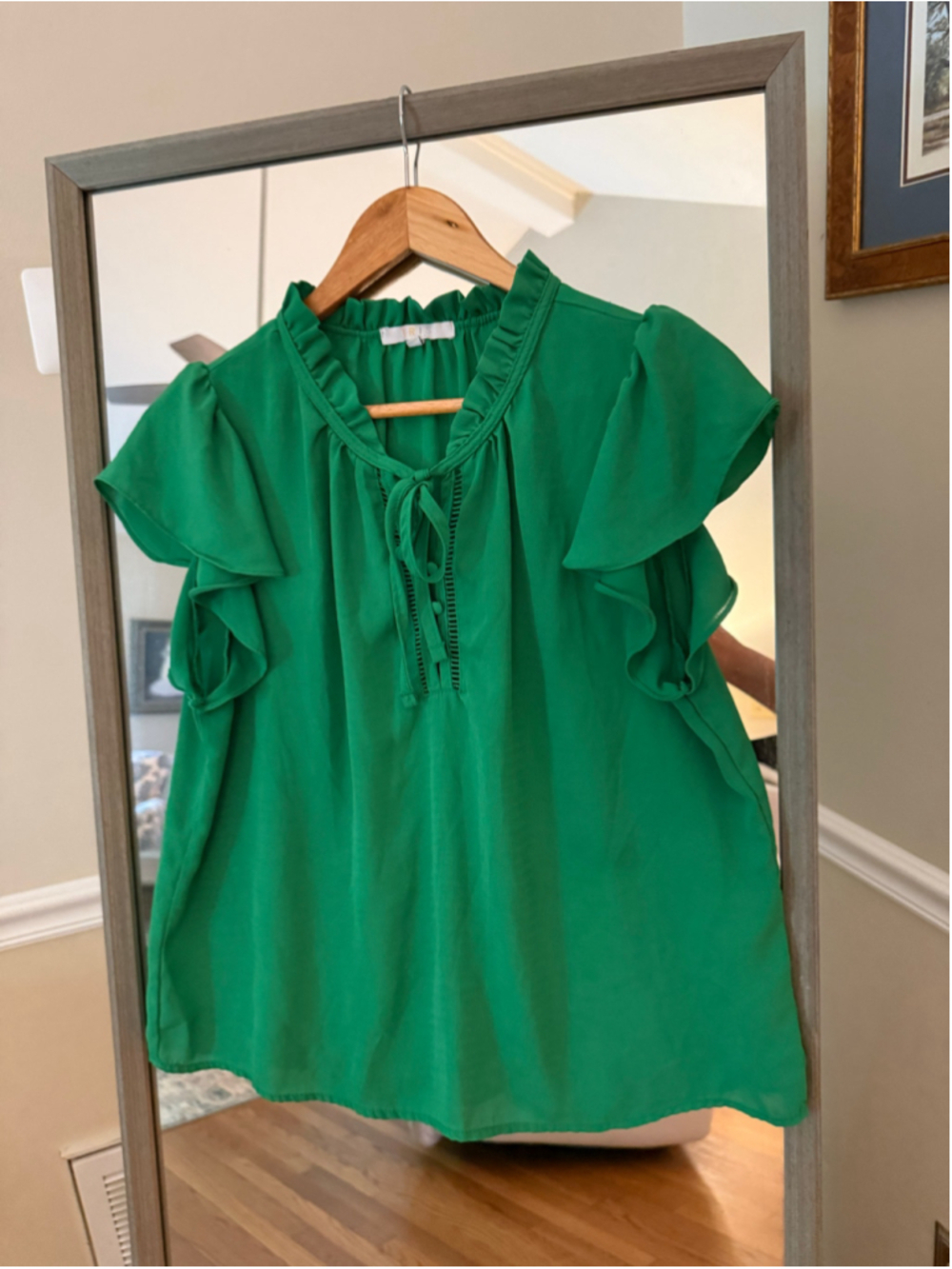 Women's IRIS Green Ruffle Neck Blouse with Tie Detail Size L